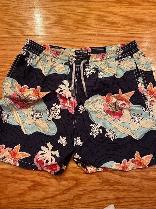 Vilebrequin Navy Swim Trunks with Multicolor Tropical Turtle Motif
