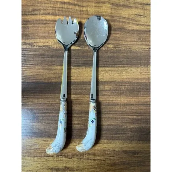 Vintage Sheffield England 2-Piece Salad Set Porcelain Floral Handles