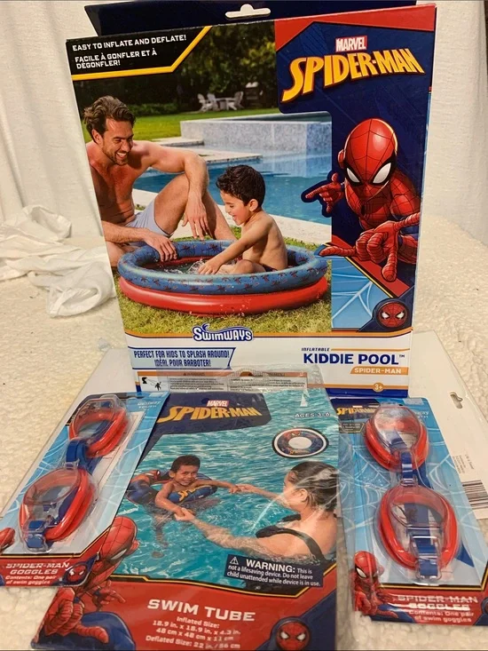 Spider-Man 4-Pc Swim Set NEW Kiddie Pool (2) Swim Goggles and matching Swim Tube