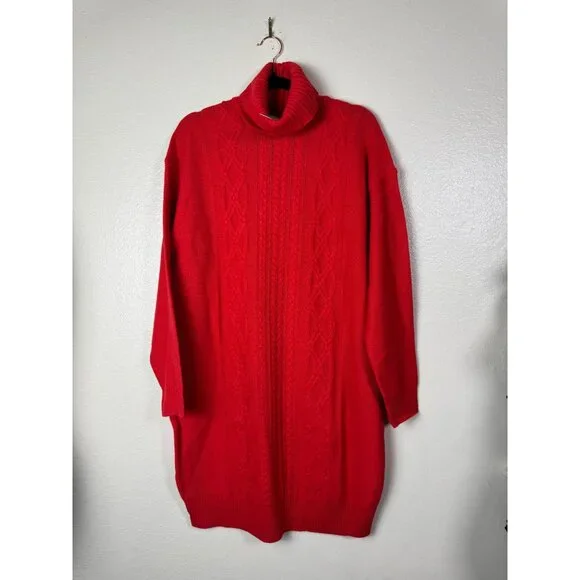 NEW J.Crew Red Cable Knit Turtleneck Sweater Dress Size Large Wool Blend Holiday