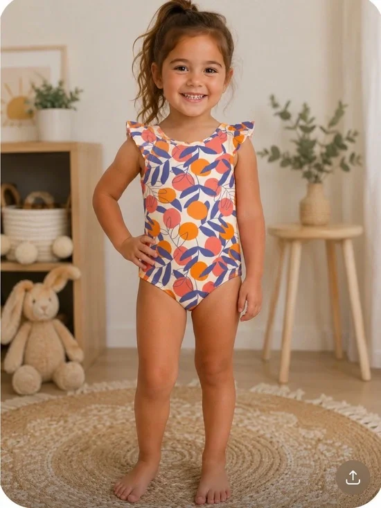 Tea Collection Orange & Purple Leaf Print Ruffle One-Piece Swimsuit