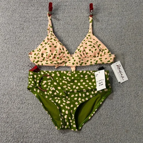Raisins Girls Bikini Set High Waist Size 10 Green Peach Tropical Boho Swimwear
