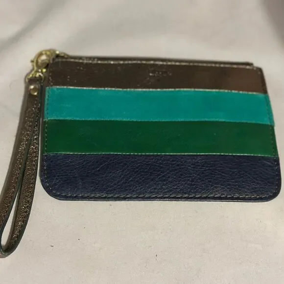 Fossil Leather Color Block Metallic Blue Green Gold Wristlet