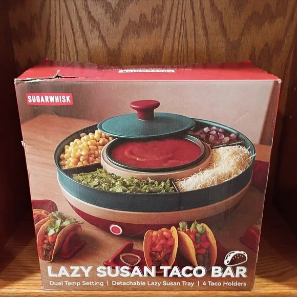 Lazy Susan Taco Bar & Condiment Containers with Lids, 4 Taco Holders for Red