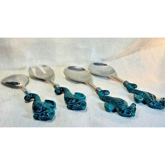 4 Turquoise Silver Seahorse Salad Fork/Spoon Set Party Beach Ocean Large 12 x 3