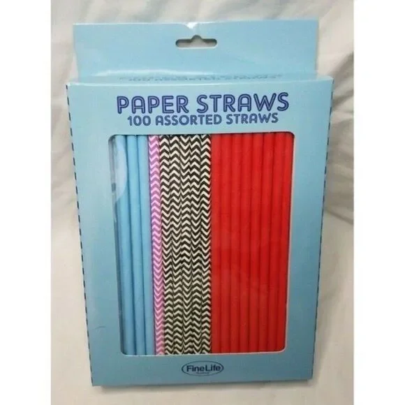 Fine Life Paper Drinking Straws 100 Count Assorted Colors Single Use 7 3/4