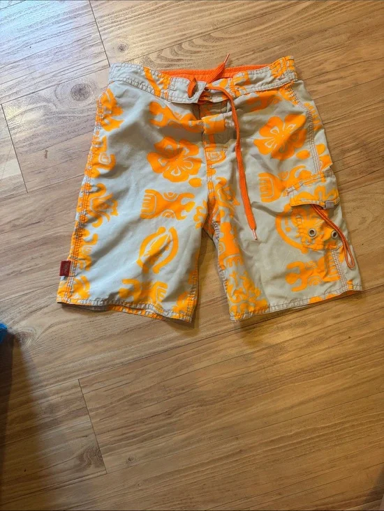 Neon Orange Floral Print Swim Trunks