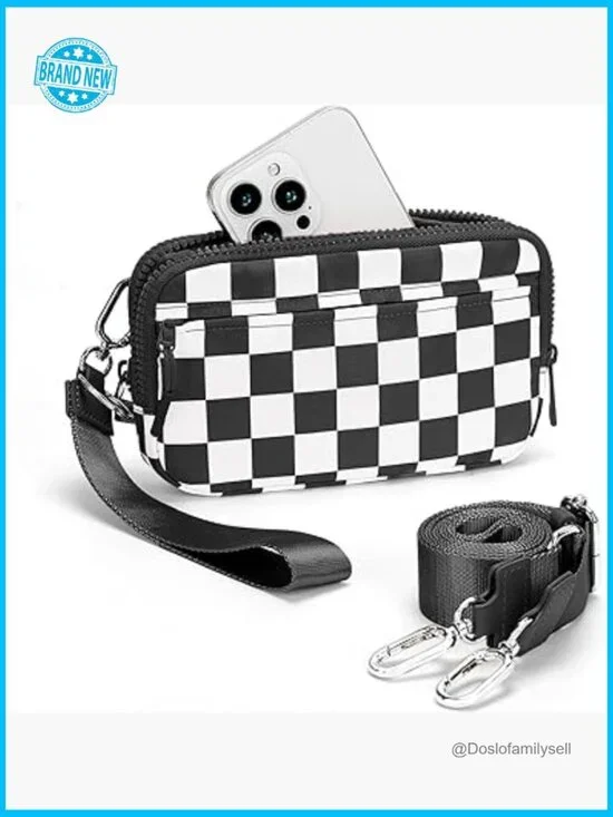 Checkered Nylon Wristlet Wallet with ID Window Crossbody Bag Multiple