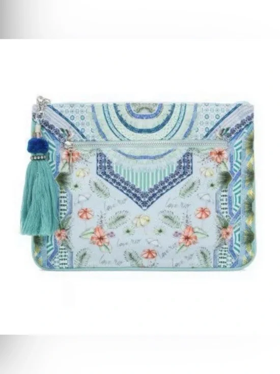 Camilla Shades of Rio Floral Blue-Green Canvas Tassel Clutch