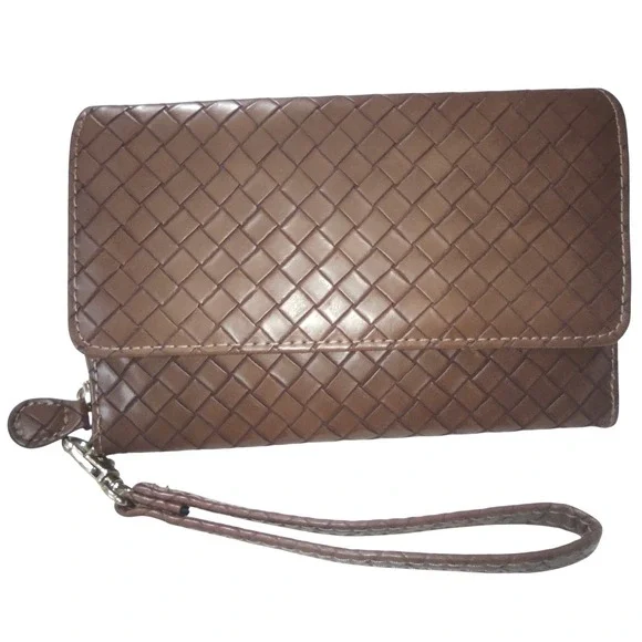 Mundi Woven Checkbook Wallet Brown Faux Leather RFID Protected Wristlet‎