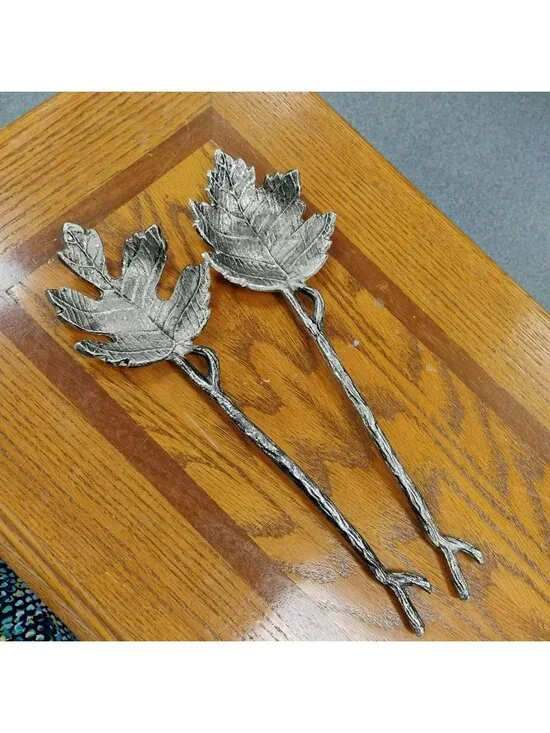 Vintage Cast Aluminum Leaf & Twig Salad Servers, Silver Tone Metal Botanical Set