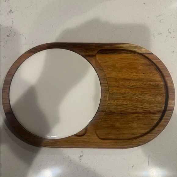 Wooden Serving Tray with White Ceramic Plate