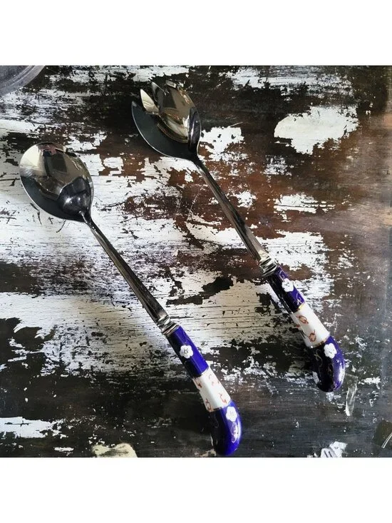 Sheffield England Porcelain Handle Salad Fork & Spoon Cobalt Blue and Floral