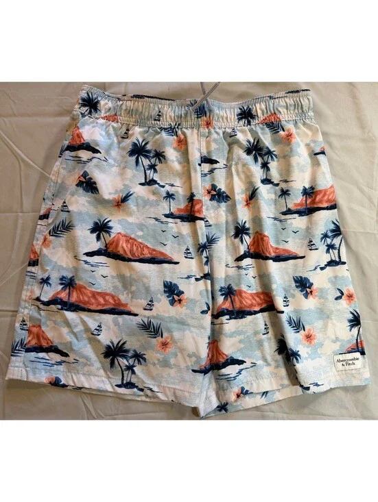 Abercrombie Kids Tropical Island Palm Tree Swim Trunks Blue Orange Size 17/18