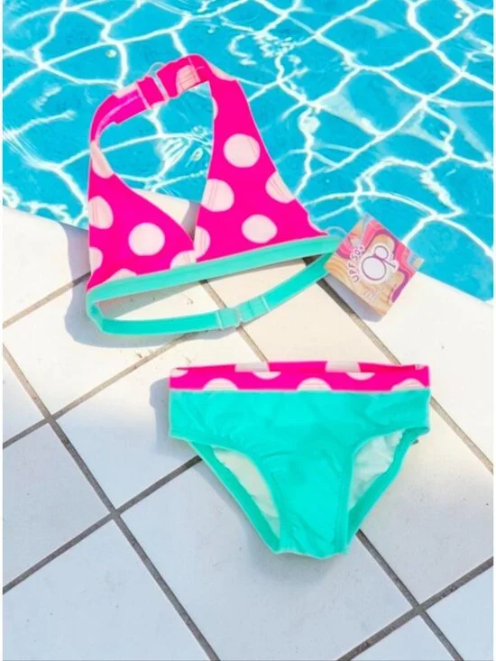 Polka Dot Halter Bikini Set Pink & Aqua Girls Swimwear UPF 50+ Protection