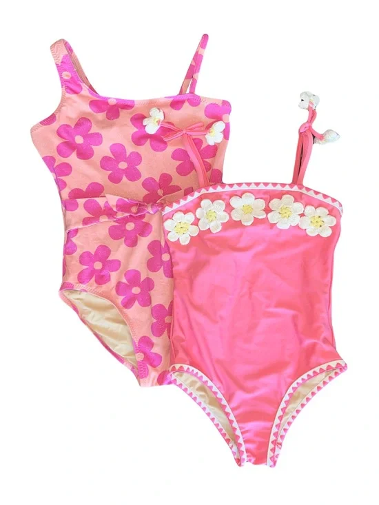 *SET OF 2* Shade Critters Girls Flower Crochet Pink One Piece Bathing Suits Sz 6