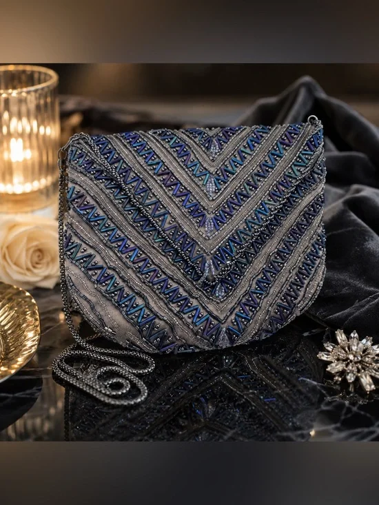 Vintage La Regale Beaded Evening Bag Gray Blue Iridescent Art Deco Cocktail Purs