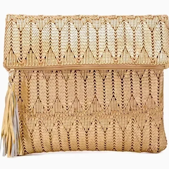 Ale By Alessandra La Pluma Gold Woven Clutch Purse Bag