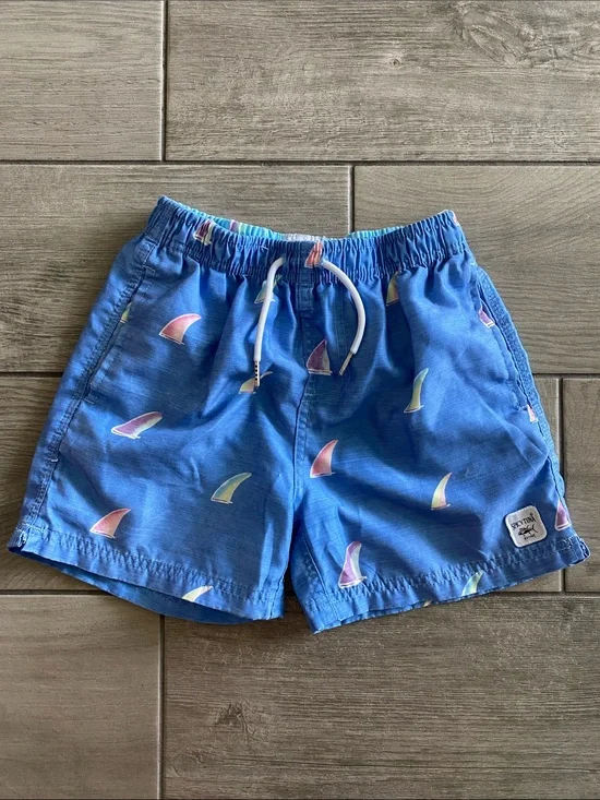 Spicy Tuna Boys Swim Trunks - Blue with shark fin graphics