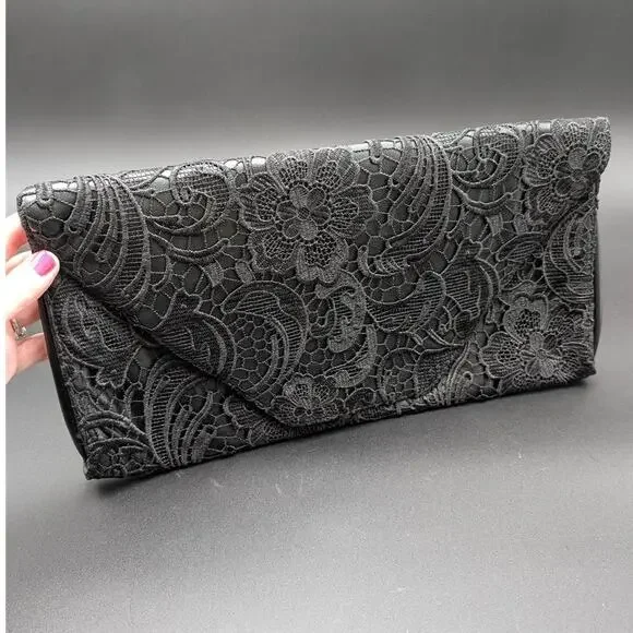 Jessica Simpson Clutch Black Faux Leather Floral Lace Matte Envelope Prom Dance