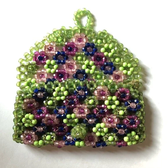 Rare handbeaded Vintage 1970s Saks Fifth ave Italy bead green purple clutch 7”