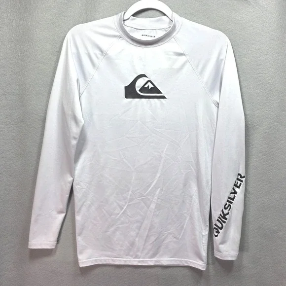 Quiksilver Rash Guard Swim Shirt White Long Sleeve Logo Youth Sz M Retro Coastal