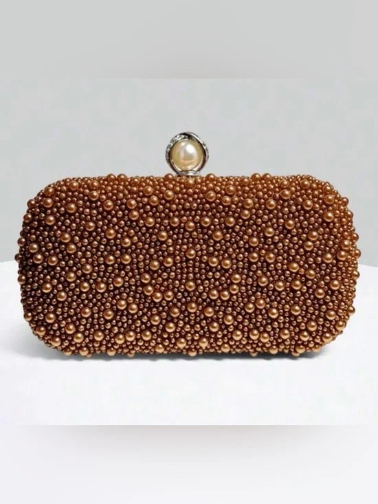 Pearl & Crystal Embellished Clutch - Brown