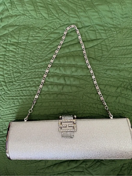 Silver Rhinestone Accent Evening Clutch with Chain Strap