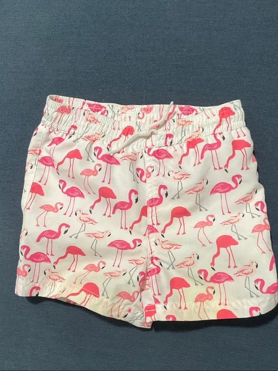 Janie and Jack White Swim Trunks with Pink Flamingo Print