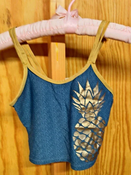 Limited Too Girls Denim Print Gold Pineapple Swim Tank Top Size 10/12
