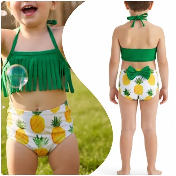 NWT Baby Girl Pineapple Fringe Bikini Swimsuit 3-Piece Set 6-9 Months