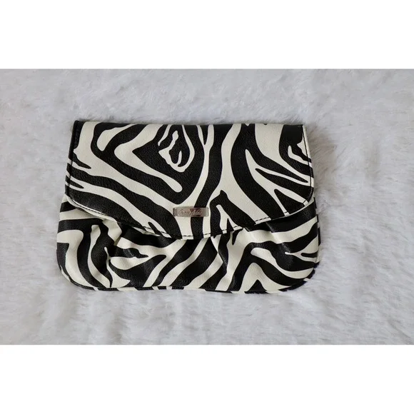 Grace Adele Zebra Print Clutch Bag Black White Faux Leather Red Lining Snap Flap