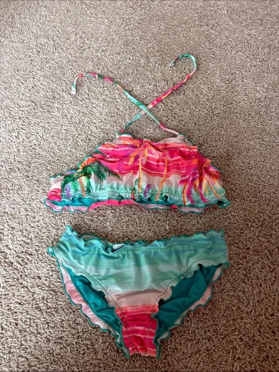 Girls Tropical Pink & Teal Ruffle Bikini