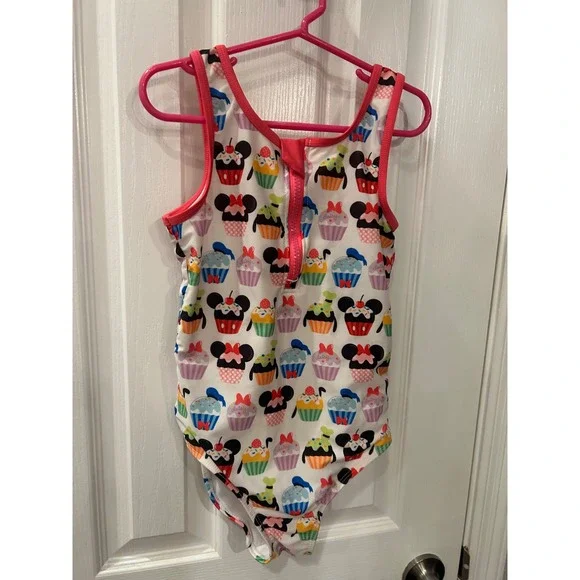 Disney‎ parks Swimsuit White Mickey Minnie Cupcake Print One Piece Zip bin B