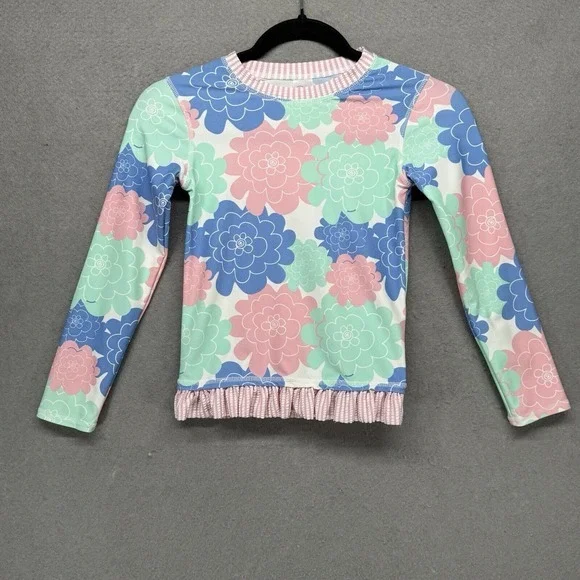 Ruffle Butts Rash Guard Girls‎ Size 7 Seersucker Blue Pink Swim Top Long-Sleeve