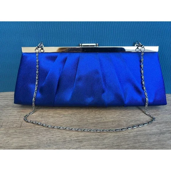 VTG Jessica McClintock Blue Satin Clutch Optional Chain Silver Snap Close