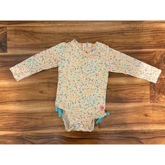 RuffleButts Long Sleeve Rash Guard Swimsuit, Confetti Beach, Size 2T