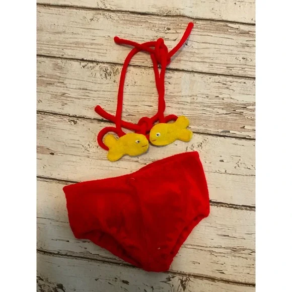 Vintage 1970s Terry Cloth Bikini Toddler Red Yellow Fish Two‎ Piece Swimsuit