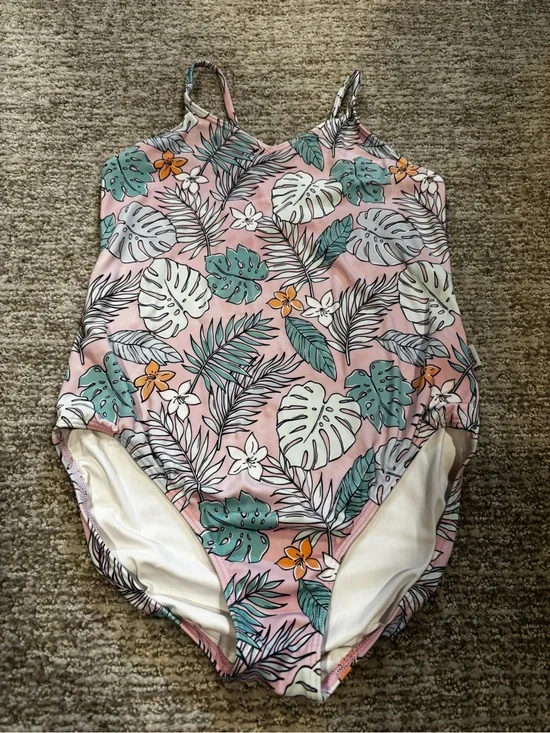 Quince Pink Tropical Leaf One-Piece Swimsuit with Green & Orange Accents