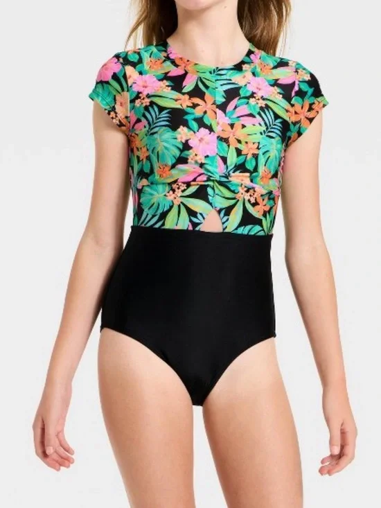Cat & Jack Girls' Short Sleeve Sunset Tropics One Piece Swimsuit - Black