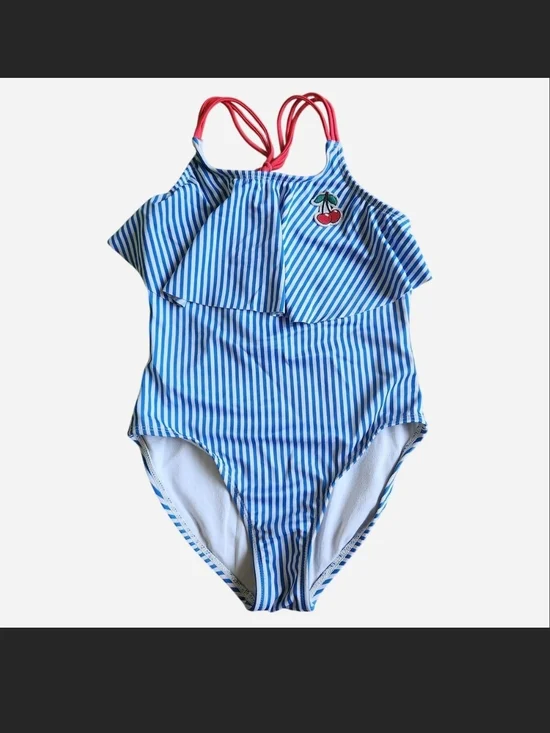 Cat & Jack Blue and White Striped One-Piece with Red Straps and Cherry Patch