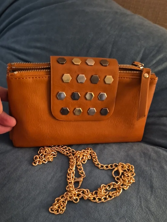 Olivia Miller Silver Gold Gunmetal Studded Tan Zip Wristlet Wallet Clutch Bag