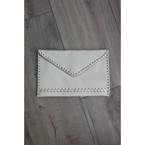 Laggo Cream Pebbled Leather Envelope Clutch Metallic Whipstitch‎ Detail Bag