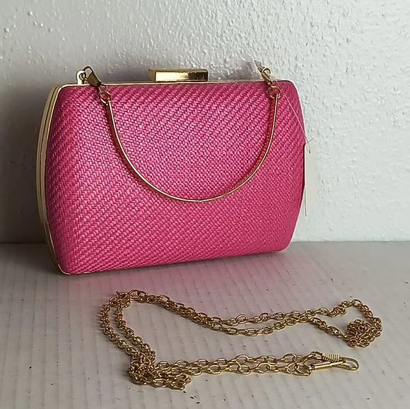 Exquisite Woven Shade Satin Evening Clutch Hand Bag Rose Red Metal Strap
