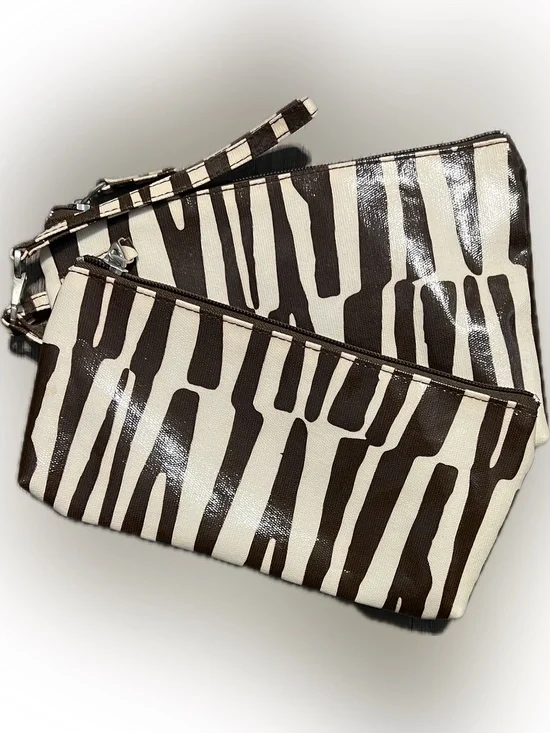 Zebra Print Double Wristlet Clutch Set Animal Print Brown White Zipper