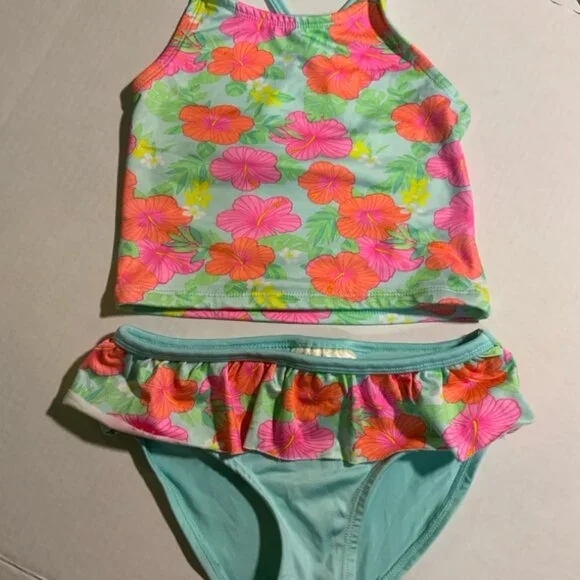 Bobbie Brooks Girls Medium 7/8 2 PC Teal Pink Tropical‎ Flowers Tankini Swimsuit