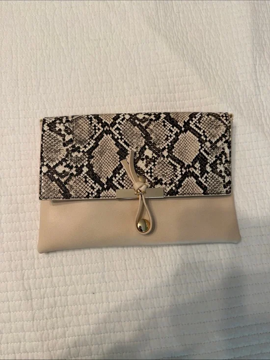 Snake-Print Flap Beige Clutch Handbag