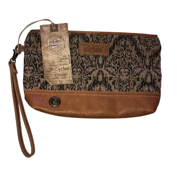 NWT Sixtease Elprine ll Upcycled Cloth and Leather Large Size BTS Wristlet