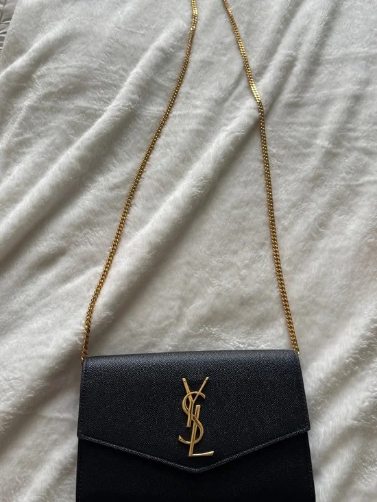 Saint Laurent Black Leather Envelope Wallet-On-Chain with Gold Hardware