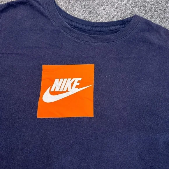 Nike Tee Shirt Mens Size XL Navy Blue‎ Orange Box Logo Crew Neck Swoosh